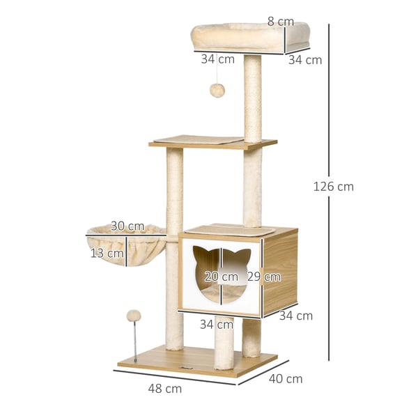 Kattklösträd - Klösmöbel - 126 cm Höjd - 4 Nivåer - Hängmatta & Kattkoja - Sisalstolpar, Plysch - 48x40 cm Bottenplatta - Beige