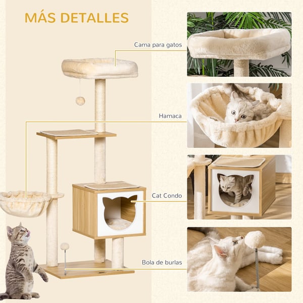 Kattklösträd - Klösmöbel - 126 cm Höjd - 4 Nivåer - Hängmatta & Kattkoja - Sisalstolpar, Plysch - 48x40 cm Bottenplatta - Beige