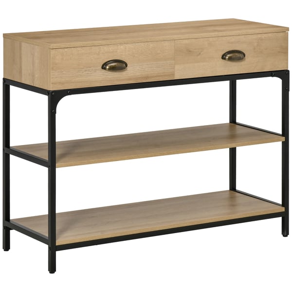 Konsolbord - Hallbord - 2 Lådor - 2 Hyllplan - 100 x 35 x 79,2 cm - Melaminbelagt Trä & Stål - Ek