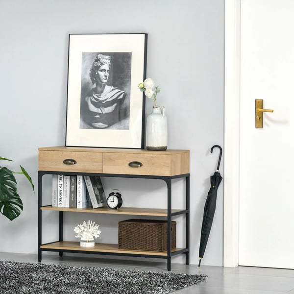Konsolbord - Hallbord - 2 Lådor - 2 Hyllplan - 100 x 35 x 79,2 cm - Melaminbelagt Trä & Stål - Ek