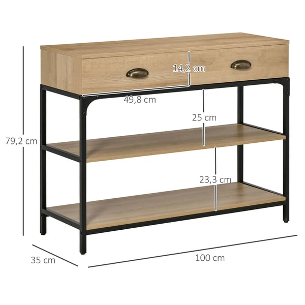 Konsolbord - Hallbord - 2 Lådor - 2 Hyllplan - 100 x 35 x 79,2 cm - Melaminbelagt Trä & Stål - Ek