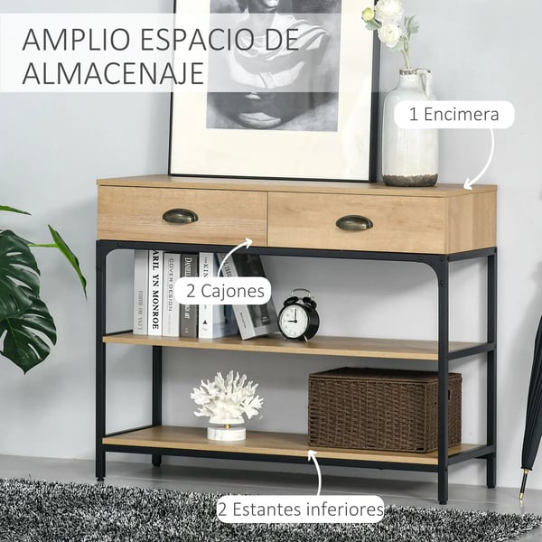 Konsolbord - Hallbord - 2 Lådor - 2 Hyllplan - 100 x 35 x 79,2 cm - Melaminbelagt Trä & Stål - Ek