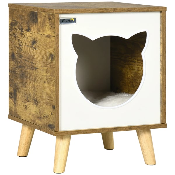 Kattkoja i trä - Kattbädd - Tvättbar kudde - Upphöjda ben - 34×34×44,5 cm - Mörkbrun