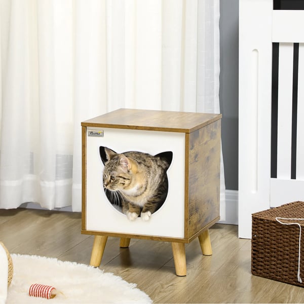 Kattkoja i trä - Kattbädd - Tvättbar kudde - Upphöjda ben - 34×34×44,5 cm - Mörkbrun