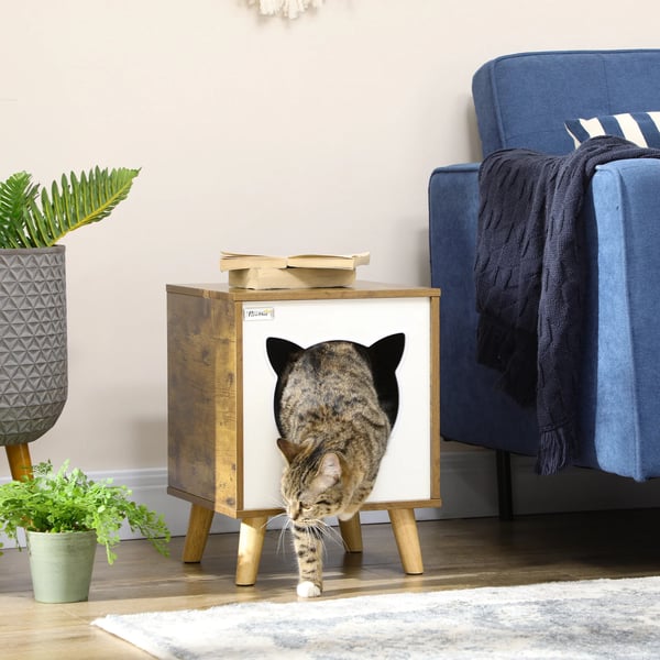 Kattkoja i trä - Kattbädd - Tvättbar kudde - Upphöjda ben - 34×34×44,5 cm - Mörkbrun