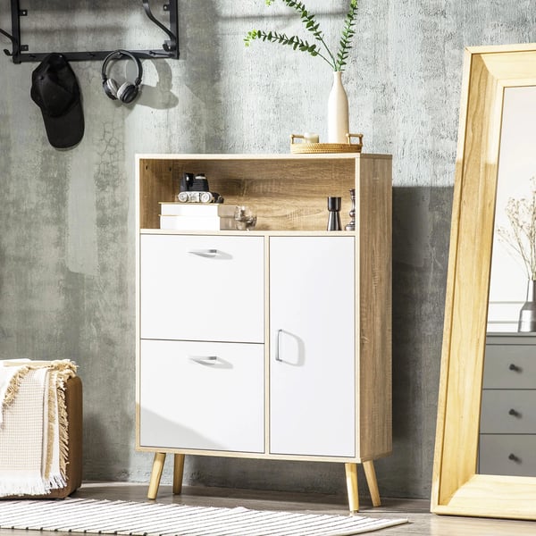 Skoskåp - Skoställ med 2 lådor - Rymmer 8 par - 80×25,5×112,5 cm - Melamin & furu - Vit & naturträ