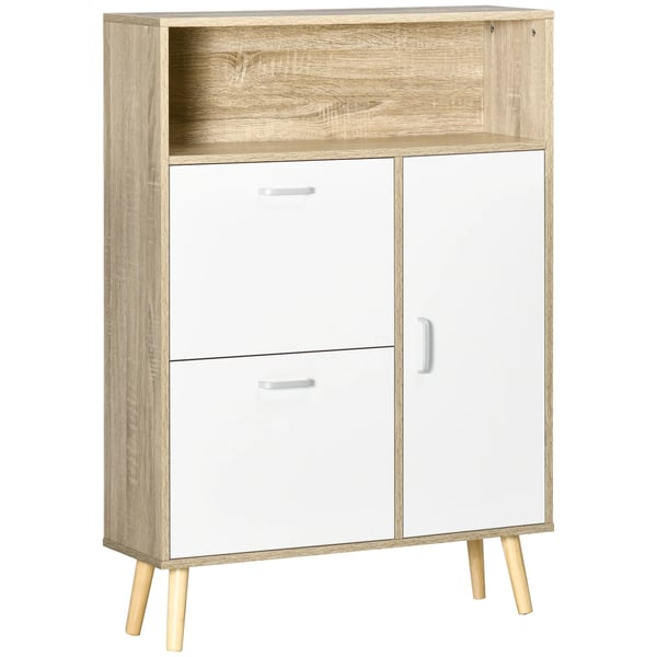 Skoskåp - Skoställ med 2 lådor - Rymmer 8 par - 80×25,5×112,5 cm - Melamin & furu - Vit & naturträ