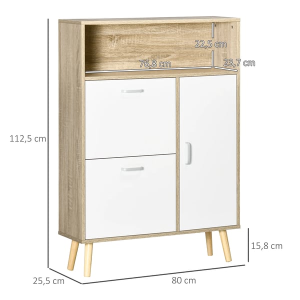 Skoskåp - Skoställ med 2 lådor - Rymmer 8 par - 80×25,5×112,5 cm - Melamin & furu - Vit & naturträ