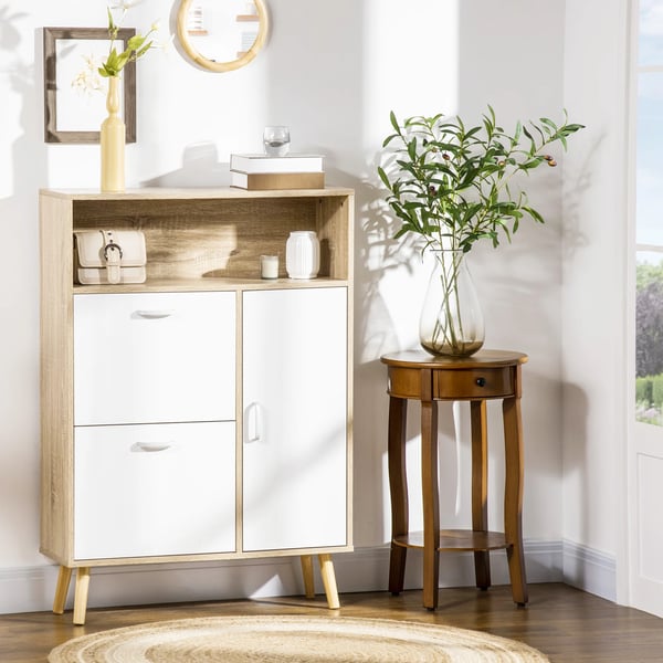 Skoskåp - Skoställ med 2 lådor - Rymmer 8 par - 80×25,5×112,5 cm - Melamin & furu - Vit & naturträ