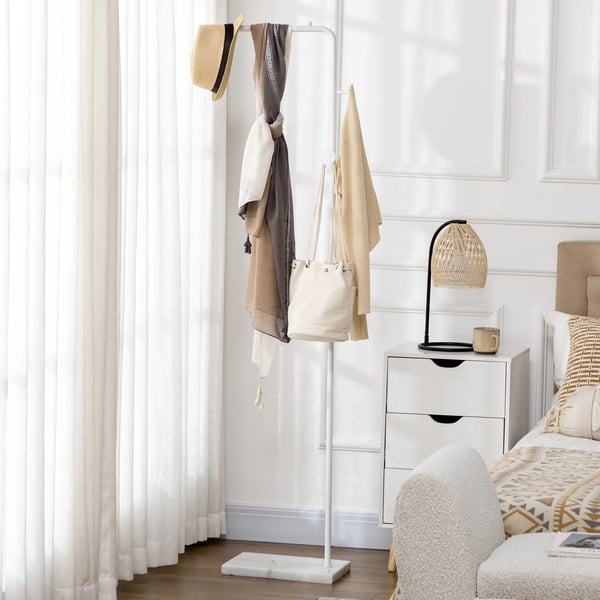 Fristående klädhängare - Stående modell - Marmorbas - 2 runda krokar - Metall - Modern design - 35×25×170 cm - Vit