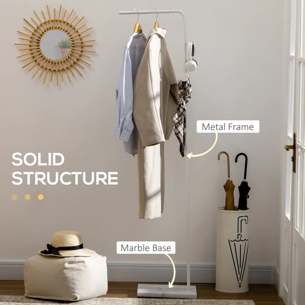 Fristående klädhängare - Stående modell - Marmorbas - 2 runda krokar - Metall - Modern design - 35×25×170 cm - Vit