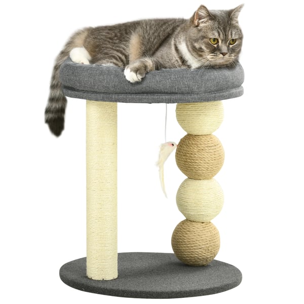 Kattklösträd - Klätterträd - 2 nivåer - Ø 40 x 48 cm - Sisal, spånskiva, polyester & bomull - För små katter - Grå