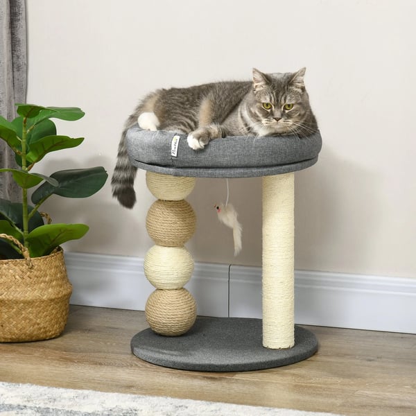 Kattklösträd - Klätterträd - 2 nivåer - Ø 40 x 48 cm - Sisal, spånskiva, polyester & bomull - För små katter - Grå
