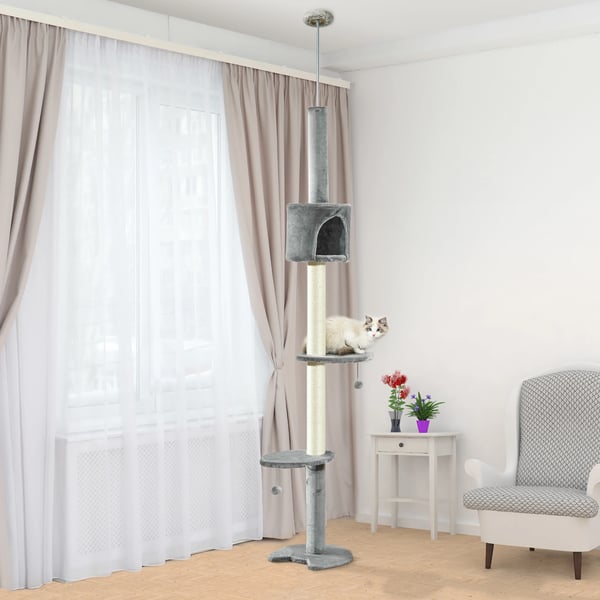 Kattträd - Klösträd - Höjd 217 cm - 4 Nivåer - Grotta - Hängande Boll - Trä
