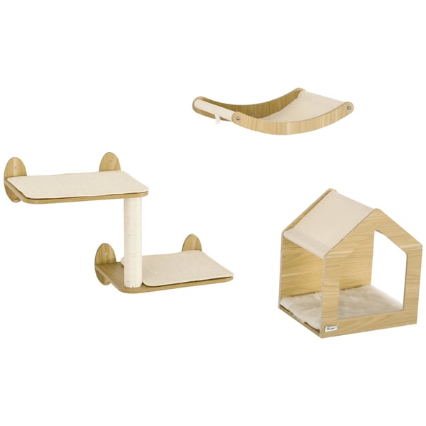 Katthyllor - Katträd - 3 Delar - Hängmatta - Sisal-klösstolpe - 4 Nivåer - 40×32,5×45 cm - Ek - Gul