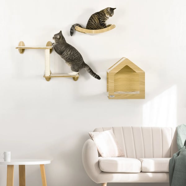 Katthyllor - Katträd - 3 Delar - Hängmatta - Sisal-klösstolpe - 4 Nivåer - 40×32,5×45 cm - Ek - Gul