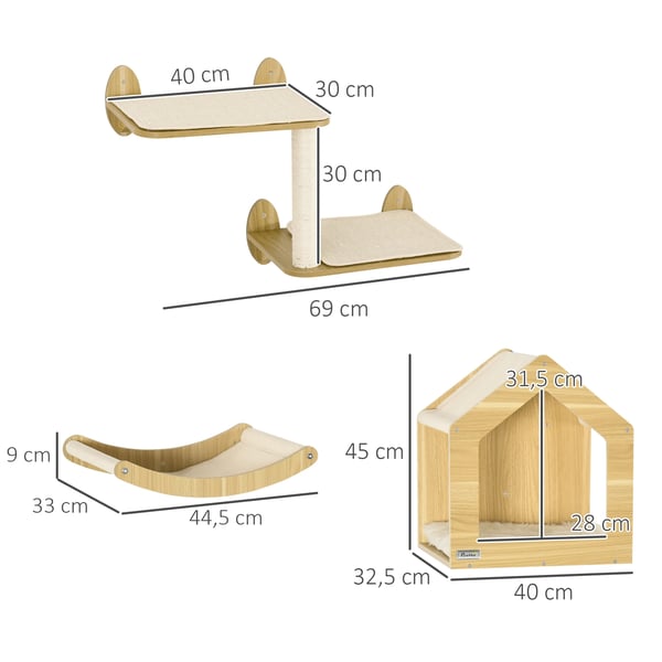 Katthyllor - Katträd - 3 Delar - Hängmatta - Sisal-klösstolpe - 4 Nivåer - 40×32,5×45 cm - Ek - Gul