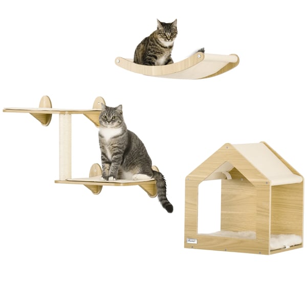 Katthyllor - Katträd - 3 Delar - Hängmatta - Sisal-klösstolpe - 4 Nivåer - 40×32,5×45 cm - Ek - Gul