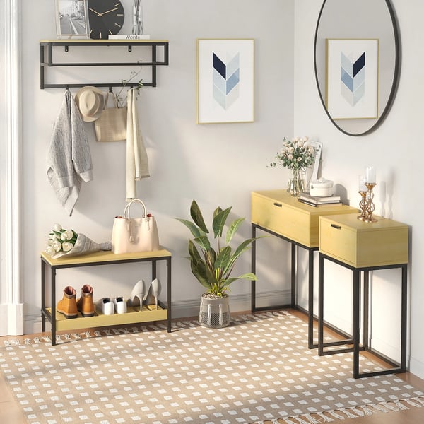 Konsolbord - Hallbord - 80x30x76 cm - Med Låda - Stålben - Rektangulärt - Melaminbelagt Trä - Natur
