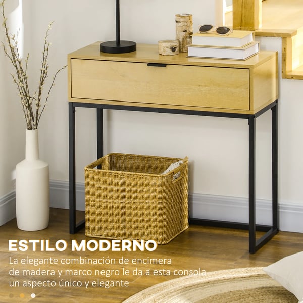 Konsolbord - Hallbord - 80x30x76 cm - Med Låda - Stålben - Rektangulärt - Melaminbelagt Trä - Natur