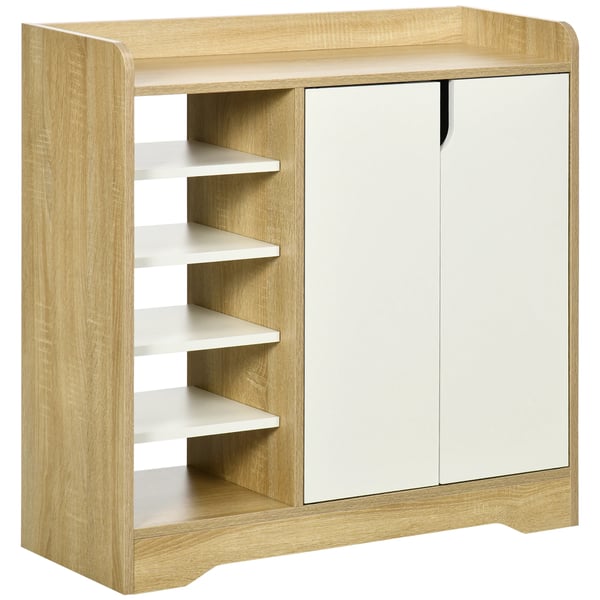 Skoskåp - Skoförvaring 2 dörrar - Hyllor för 13 par skor - Melaminbelagt trä - Mått 80×30×80 cm - Naturträ och vit Skoskåp - Skoförvaring 2 dörrar - Hyllor för 13 par skor - Melaminbelagt trä - Mått 80×30×80 cm - Naturträ och vit