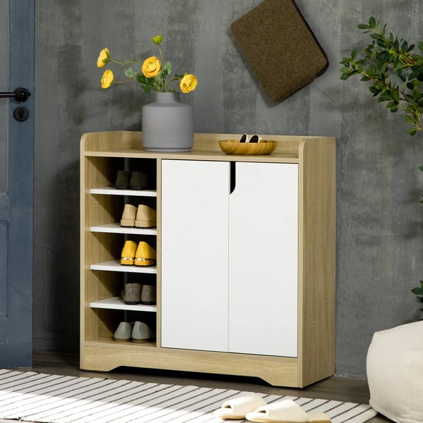 Skoskåp - Skoförvaring 2 dörrar - Hyllor för 13 par skor - Melaminbelagt trä - Mått 80×30×80 cm - Naturträ och vit