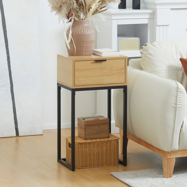Hallbord - Konsolbord/Sidobord - 40x30x76 cm - Med Låda - Stålben - Rektangulär - Melaminbelagt Trä - Naturträ
