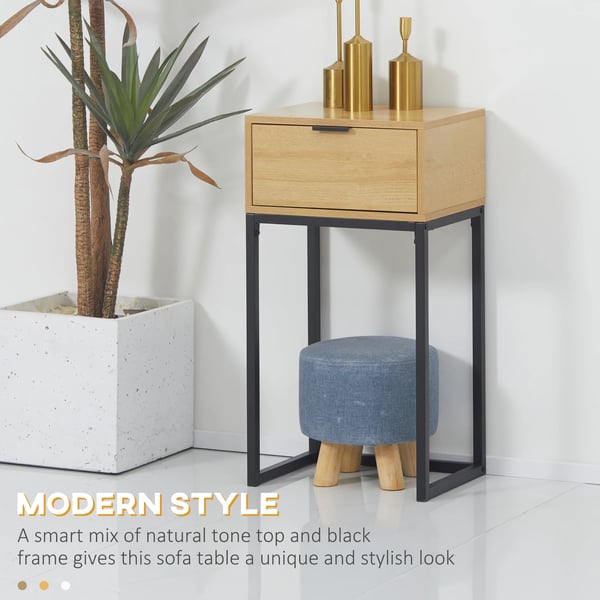 Hallbord - Konsolbord/Sidobord - 40x30x76 cm - Med Låda - Stålben - Rektangulär - Melaminbelagt Trä - Naturträ