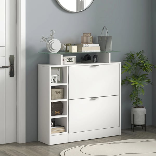 Skohylla - Skoställ med lådor - Fällbar - Justerbara hyllplan - 89x25x92 cm - Vit