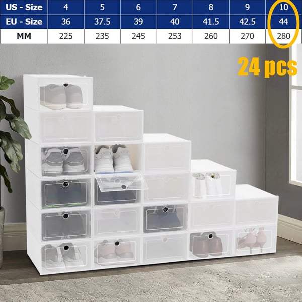 Skokasser 24-pak - Opbevaringsbokse - Stabelbare - 33x23x14 cm - PP-plast - Til sko op til EU 44 - Hvid