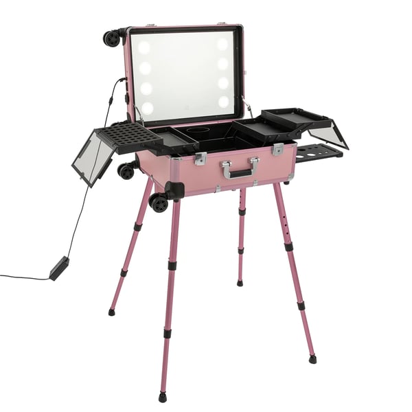 Sminkresväska - 12 V rullväska - Spegel med 8 LED - Organizer - Portabel - Med hjul - Rosa