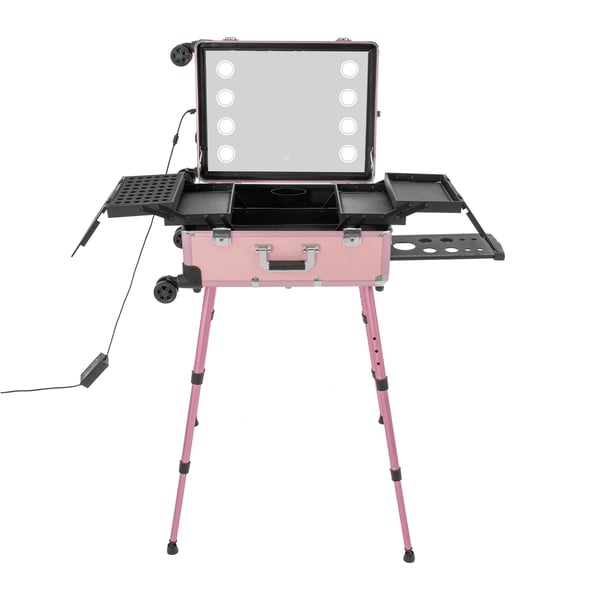 Makeupkuffert - 12 V trolley - Spejl med 8 LED - Organizer - Transportabel - På hjul - Pink