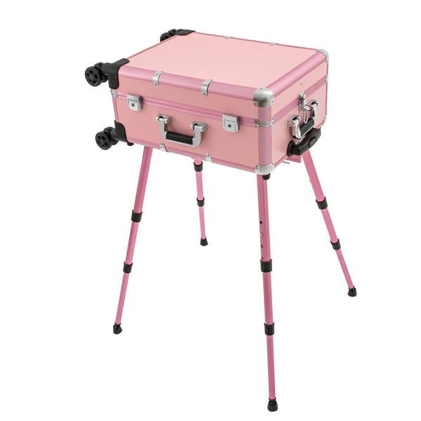 Makeupkuffert - 12 V trolley - Spejl med 8 LED - Organizer - Transportabel - På hjul - Pink