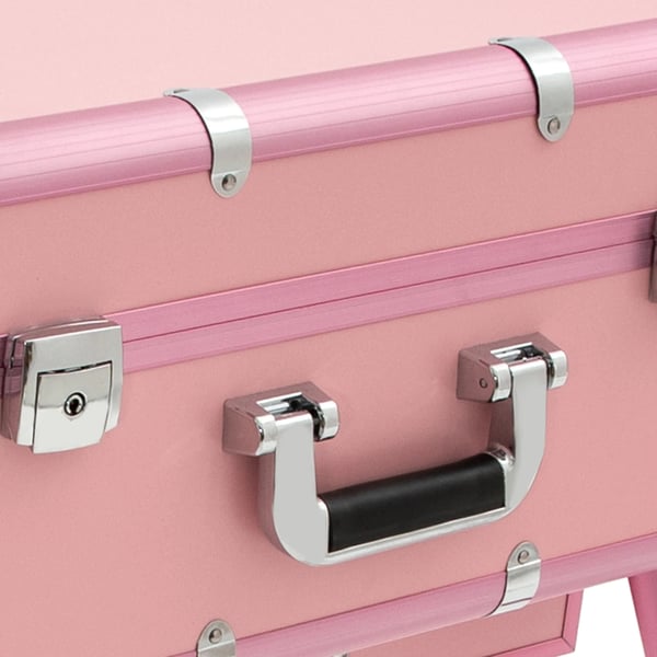 Makeupkuffert - 12 V trolley - Spejl med 8 LED - Organizer - Transportabel - På hjul - Pink