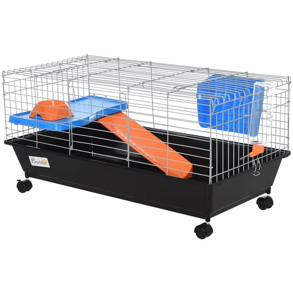 Bur för smågnagare - Hamsterbur - Med Hjul, Matskål, Vattenflaska, Ramp, 89×44×43 cm, Plast - Svart
