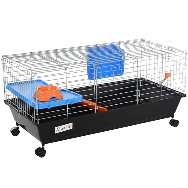 Bur för smågnagare - Hamsterbur - Med Hjul, Matskål, Vattenflaska, Ramp, 89×44×43 cm, Plast - Svart