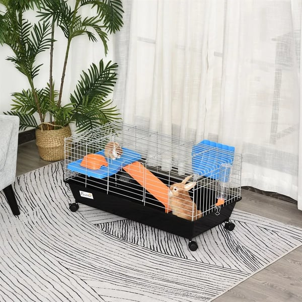 Bur för smågnagare - Hamsterbur - Med Hjul, Matskål, Vattenflaska, Ramp, 89×44×43 cm, Plast - Svart