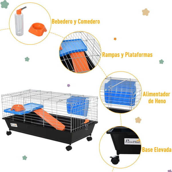 Bur för smågnagare - Hamsterbur - Med Hjul, Matskål, Vattenflaska, Ramp, 89×44×43 cm, Plast - Svart