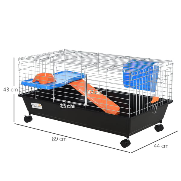 Bur för smågnagare - Hamsterbur - Med Hjul, Matskål, Vattenflaska, Ramp, 89×44×43 cm, Plast - Svart