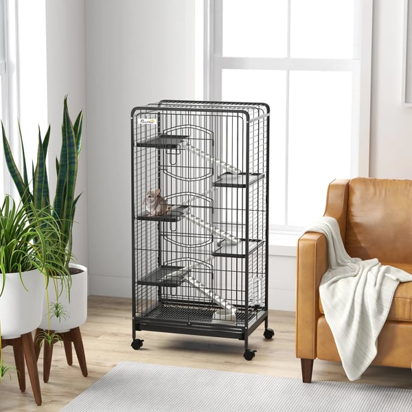Smådjursbur - 6-våningsbur på hjul - Metall - 64×43,5×131 cm - Svart