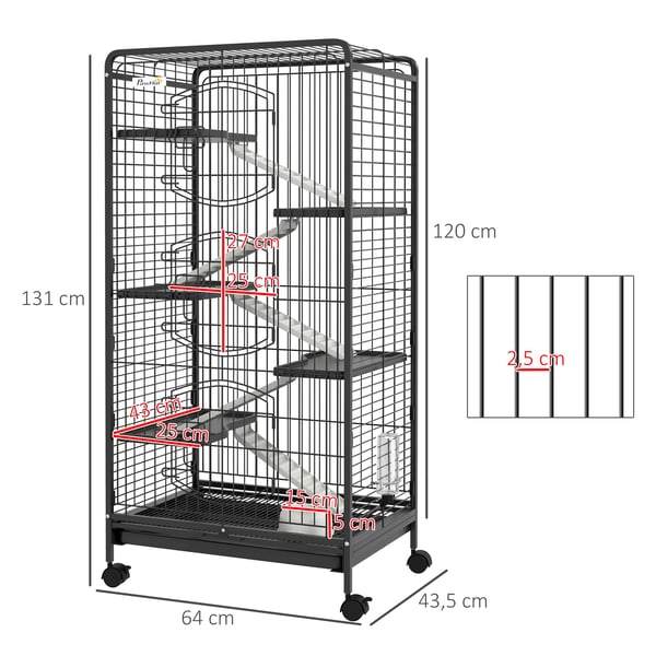 Smådjursbur - 6-våningsbur på hjul - Metall - 64×43,5×131 cm - Svart