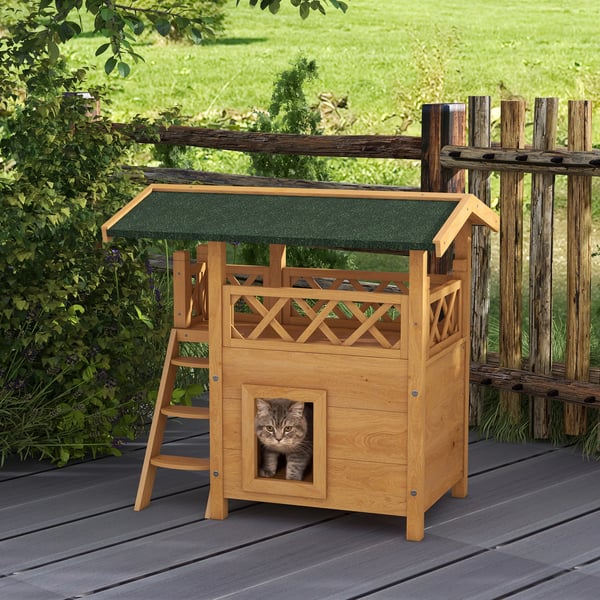 Katthus i trä - Kattkoja - Asfalttak - Med stege - Utomhus - 77x50x73 cm - Natur