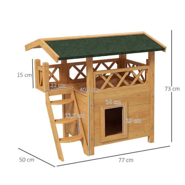 Katthus i trä - Kattkoja - Asfalttak - Med stege - Utomhus - 77x50x73 cm - Natur
