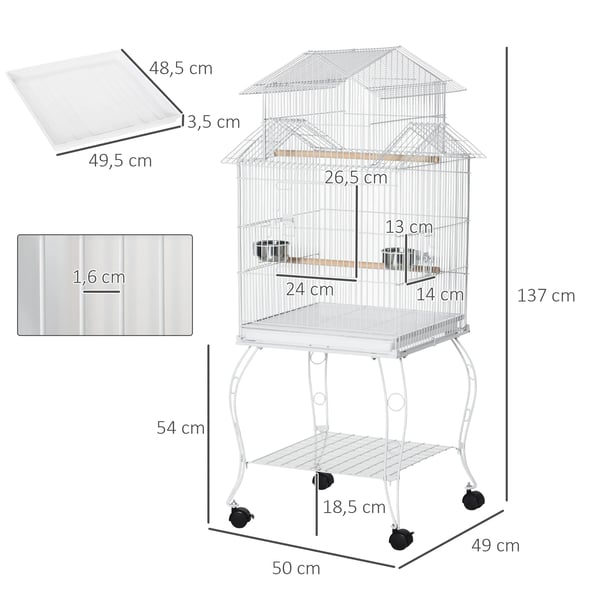 Fågelbur - Rullbar voljär - 50 x 49 x 137 cm - Utdragbar bottenbricka - Matare - Stål & trä - Vit
