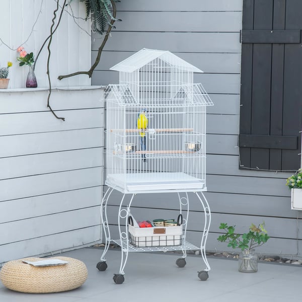 Fågelbur - Rullbar voljär - 50 x 49 x 137 cm - Utdragbar bottenbricka - Matare - Stål & trä - Vit