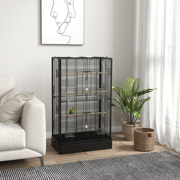 Fågelbur - 61 x 36,5 x 98 cm - Dörrar, hängare, utdragbar bricka - Stål & granträ - Svart
