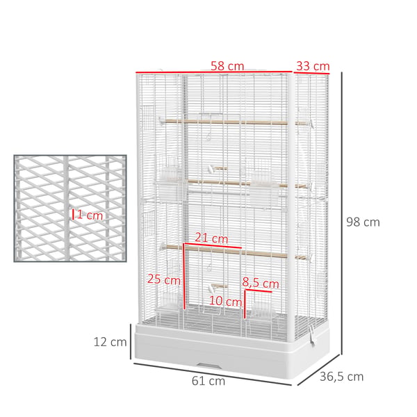 Fågelbur - 61 x 36,5 x 98 cm - Stål & granträ - Flera dörrar - Sittpinnar - Utdragbar bottenbricka - Vit