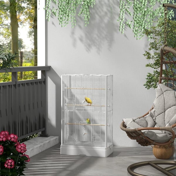 Fågelbur - 61 x 36,5 x 98 cm - Stål & granträ - Flera dörrar - Sittpinnar - Utdragbar bottenbricka - Vit