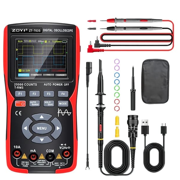 ZT703S - 3-in-1 Yleismittari & Kaksikanavainen Oskilloskooppi - 50 MHz Kaistanleveys - 280 MS/s - PC-aaltomuotojen tallennus - Irrotettava akku