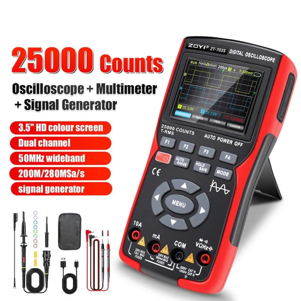 ZT703S - 3-in-1 Yleismittari & Kaksikanavainen Oskilloskooppi - 50 MHz Kaistanleveys - 280 MS/s - PC-aaltomuotojen tallennus - Irrotettava akku